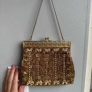 Women's 60s Gold Bead Mini Purse Evening Hand Bag With Gold Shoulder Strap